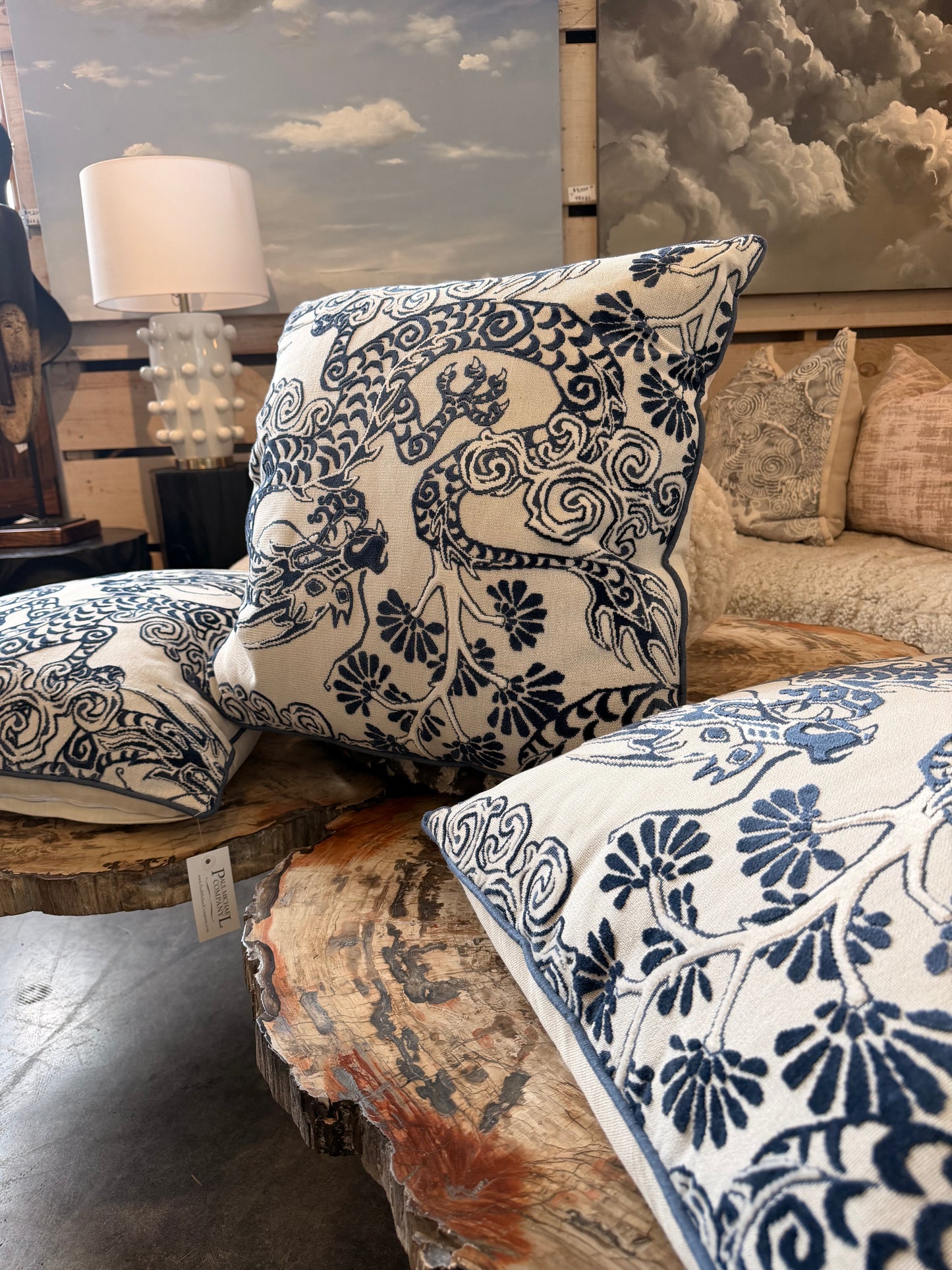 Blue and Ivory Chinoiserie Dragon Down Pillow