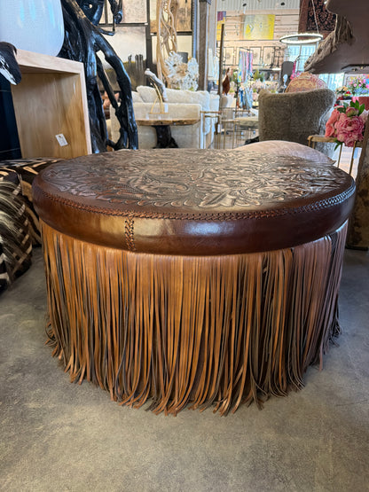 Large Tooled Leather Fringe Ottoman - Dark Brown