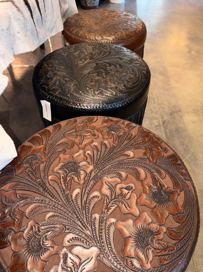 Tooled Leather Fringe Stool - Black