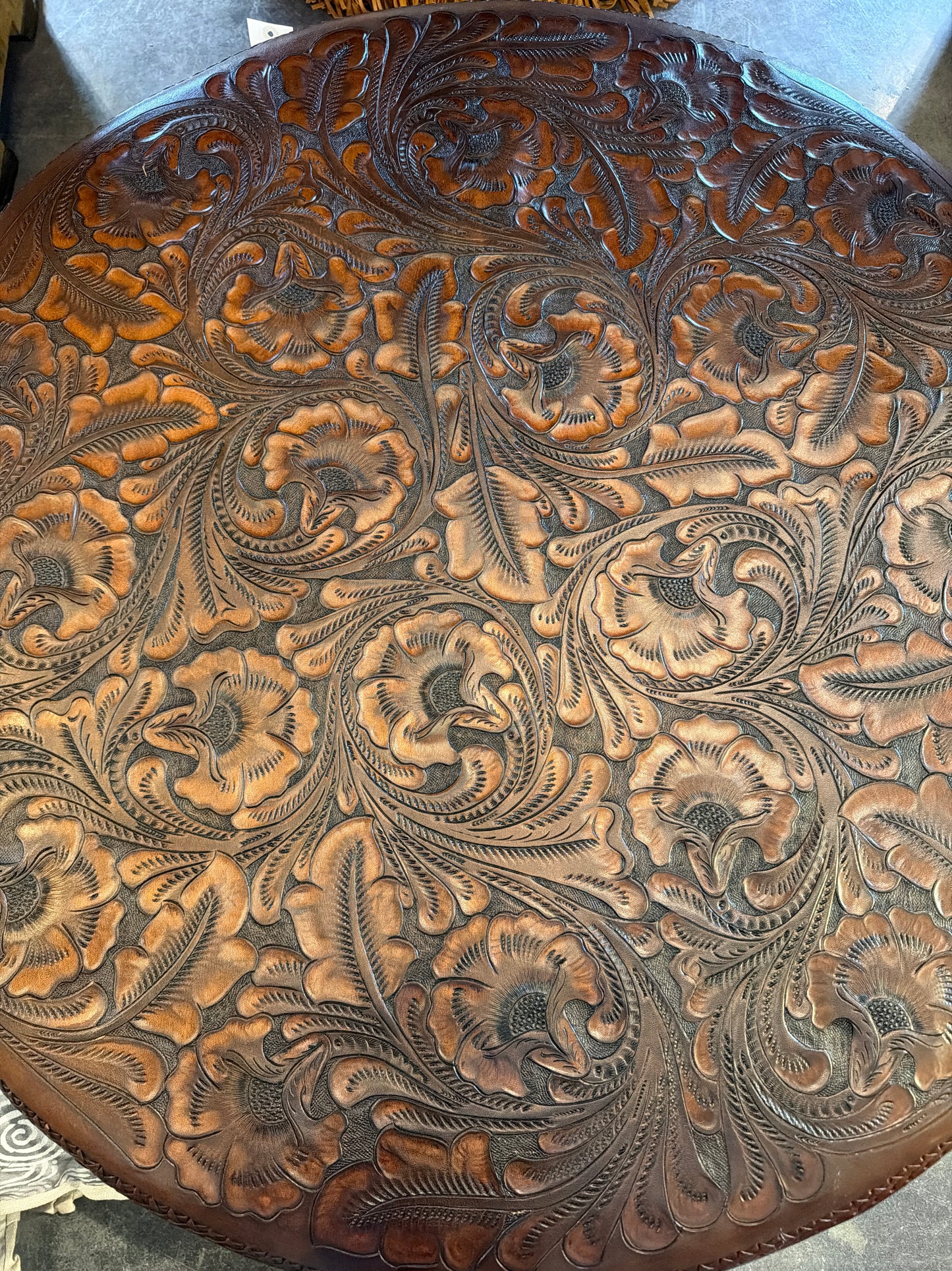 Large Tooled Leather Fringe Ottoman - Dark Brown