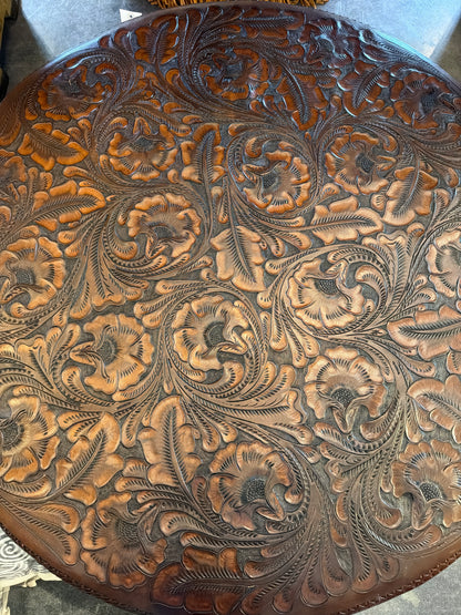 Large Tooled Leather Fringe Ottoman - Dark Brown