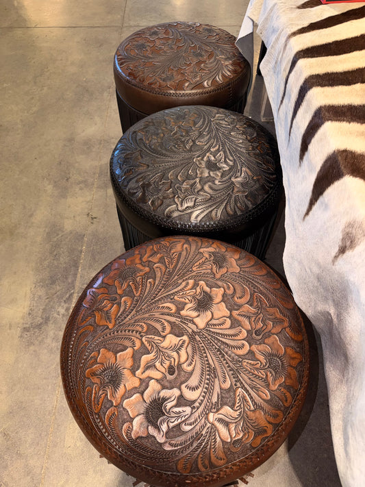 Tooled Leather Fringe Stool - Black