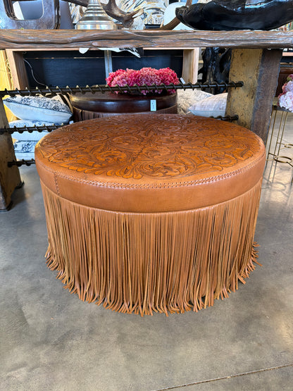 Large Tooled Leather Fringe Ottoman - Cognac