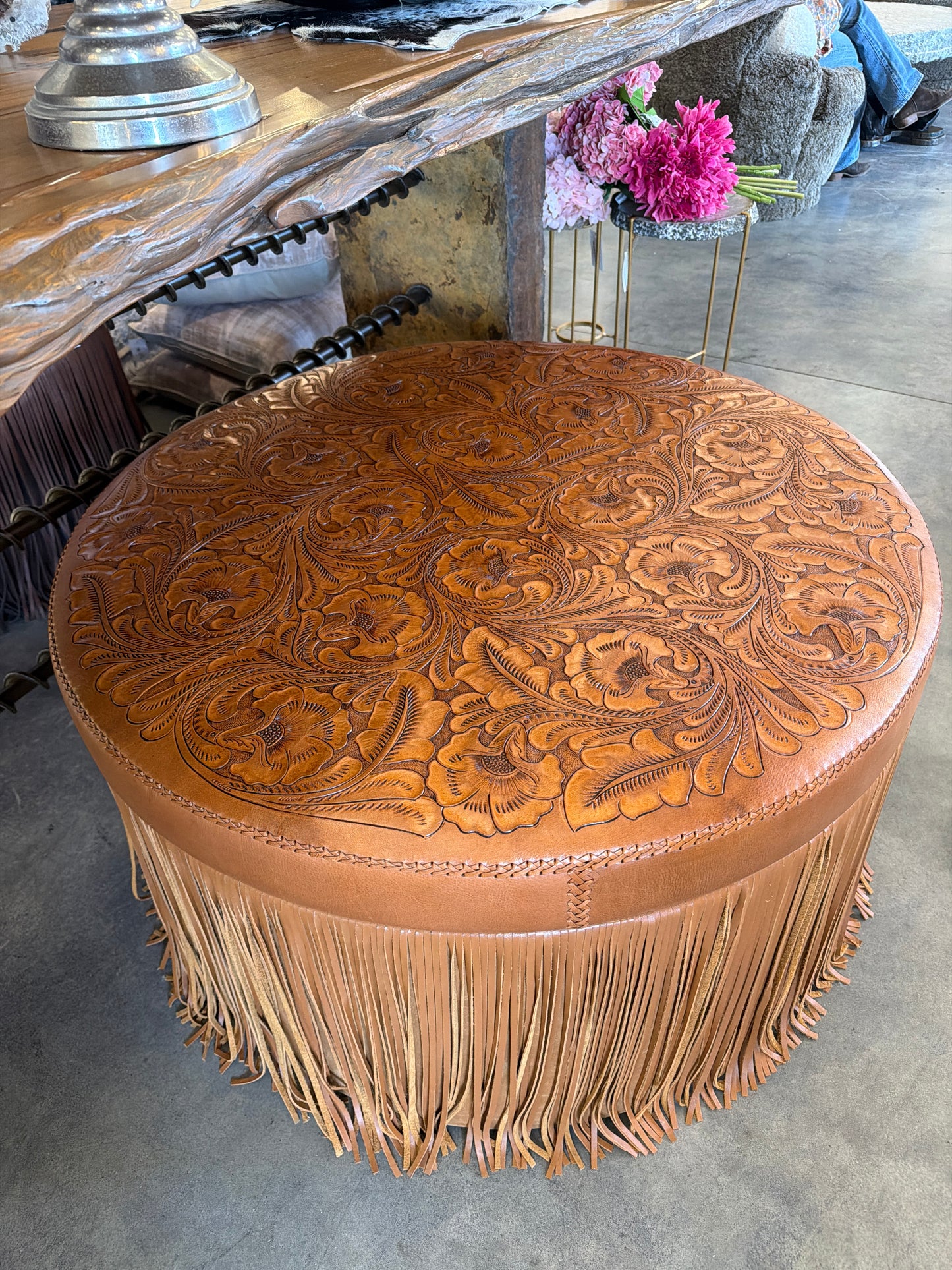 Large Tooled Leather Fringe Ottoman - Cognac