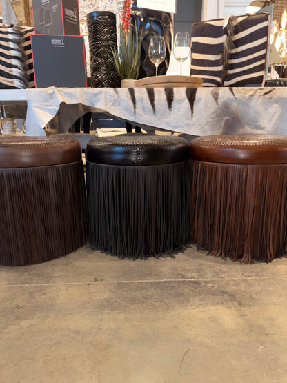Tooled Leather Fringe Stool - Black