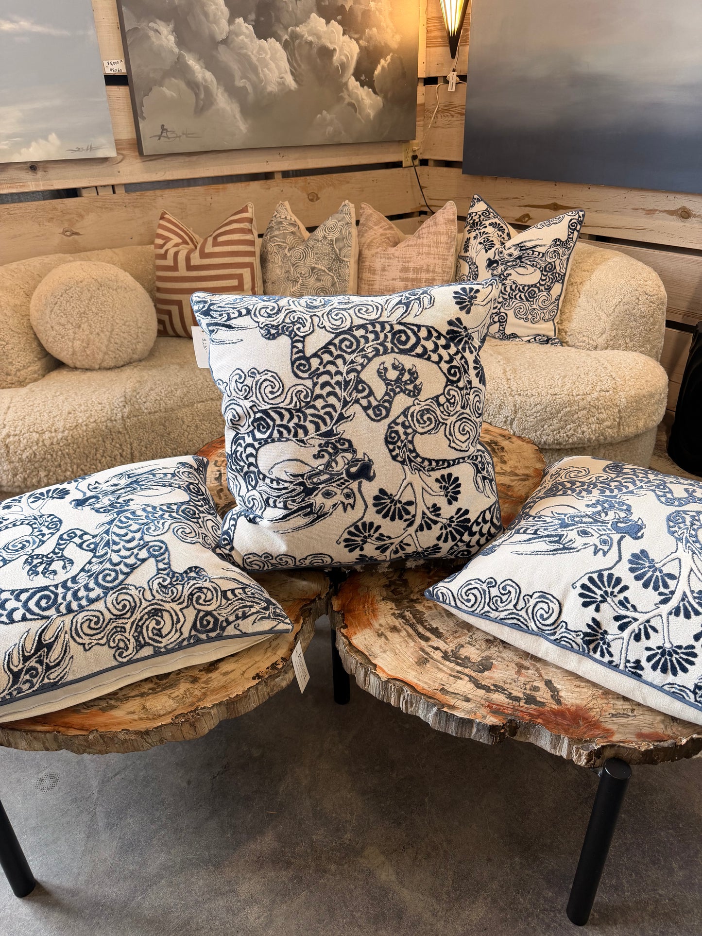 Blue and Ivory Chinoiserie Dragon Down Pillow