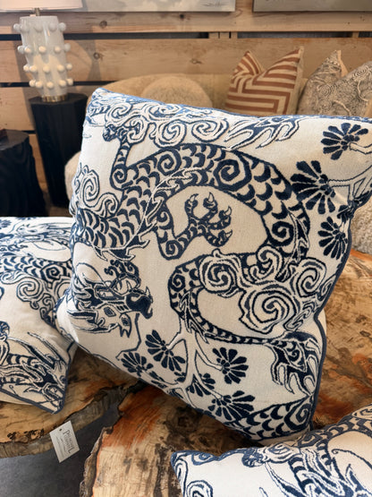 Blue and Ivory Chinoiserie Dragon Down Pillow
