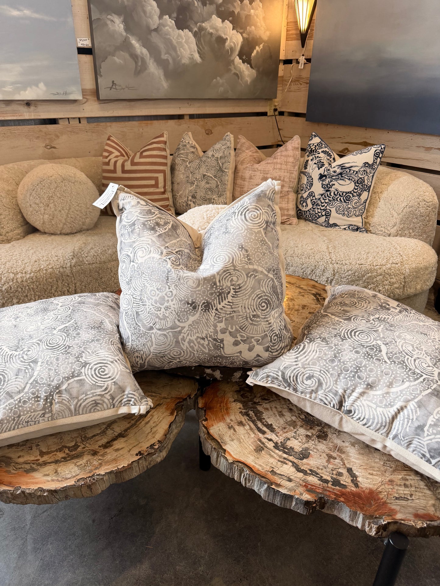 Gray and Ivory Abstract Floral Down Pillow