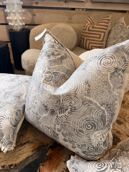 Gray and Ivory Abstract Floral Down Pillow