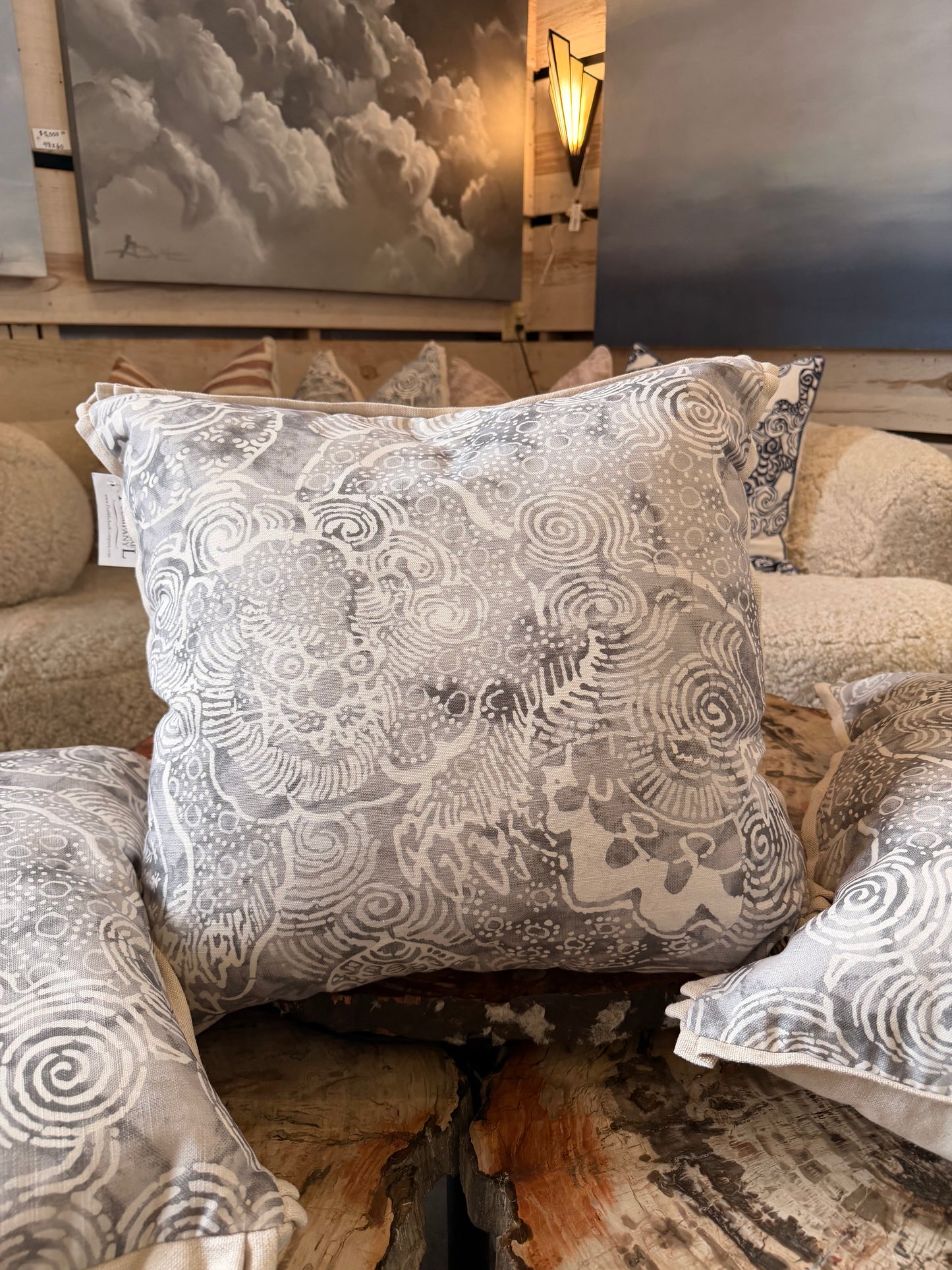 Gray and Ivory Abstract Floral Down Pillow