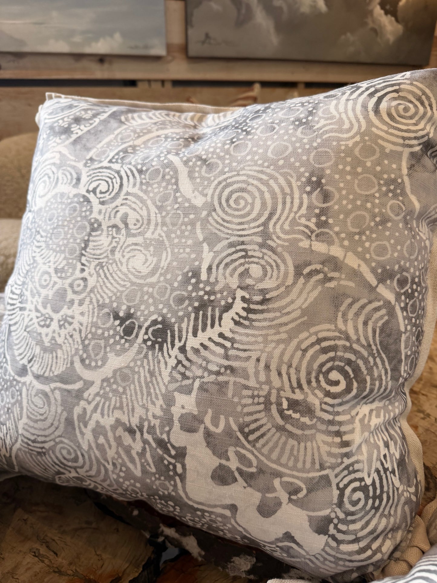 Gray and Ivory Abstract Floral Down Pillow