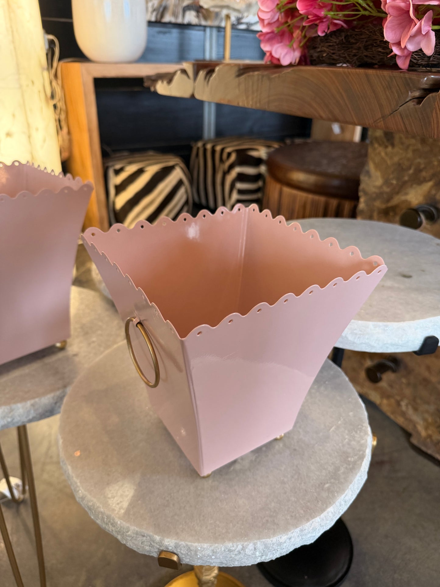 Pink Eyelet Trim Container 8.5 in
