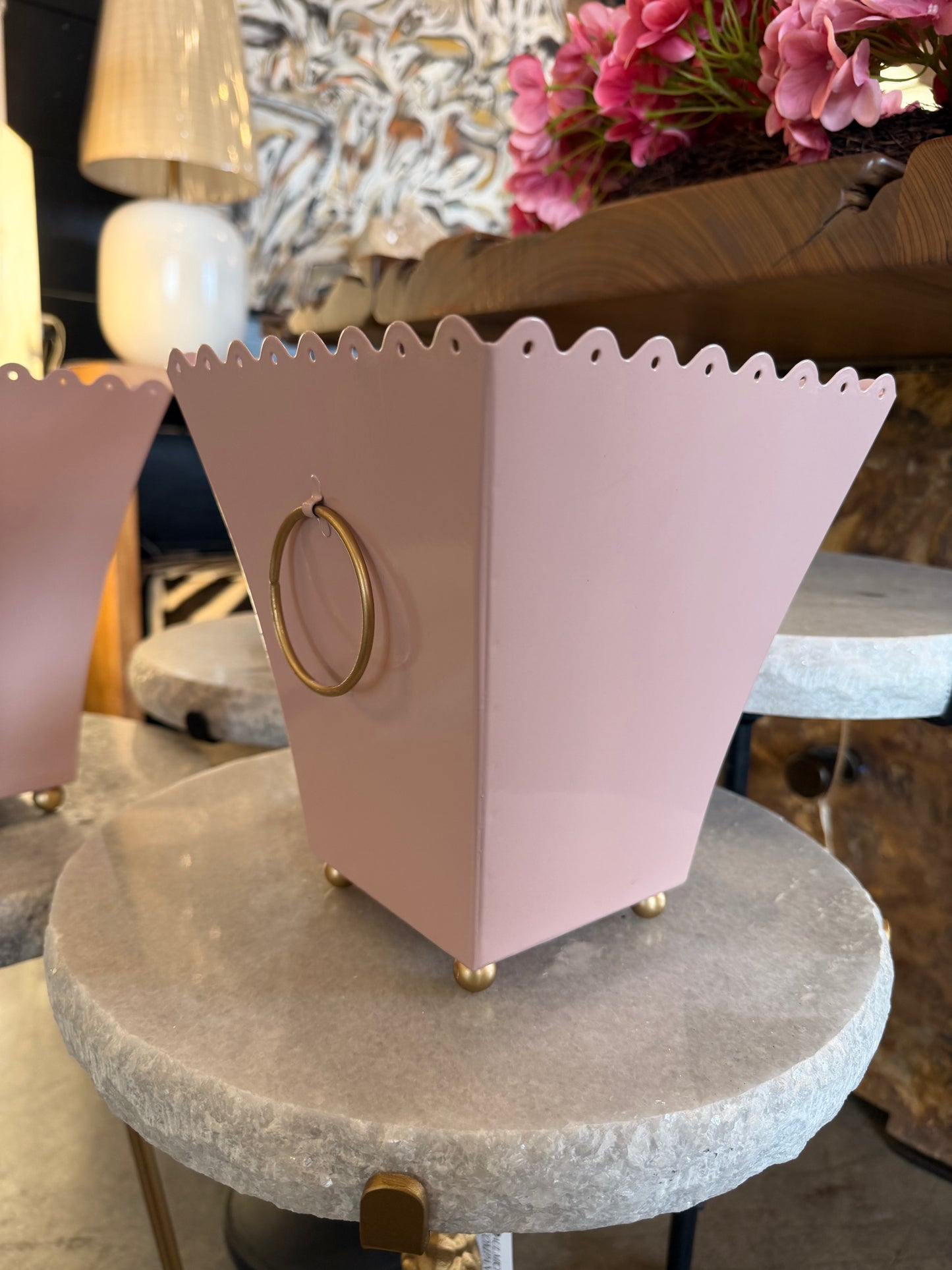 Pink Eyelet Trim Container 8.5 in